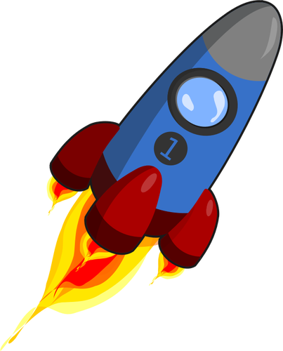 Blue and red rocket with engines ignited vector graphics