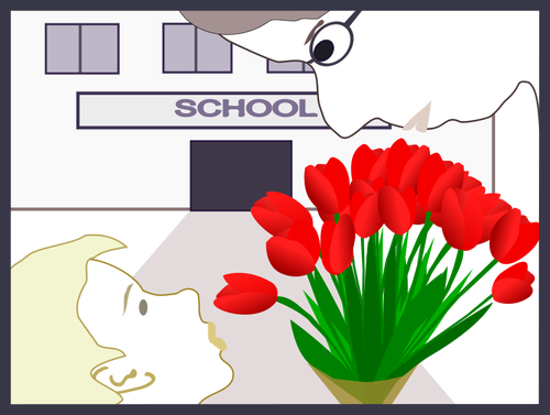 Estudante dÃ¡ flores para ilustraÃ§Ã£o vetorial de professor