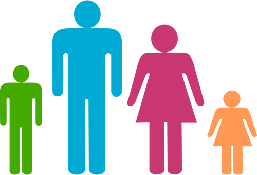 Blue man and pink woman with kids pictogram