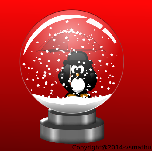 Pinguino nel globo di neve su disegno vettoriale di sfondo rosso