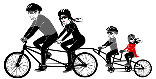 Familie de patru persoane un tandem biciclete de desen vector de echitatie