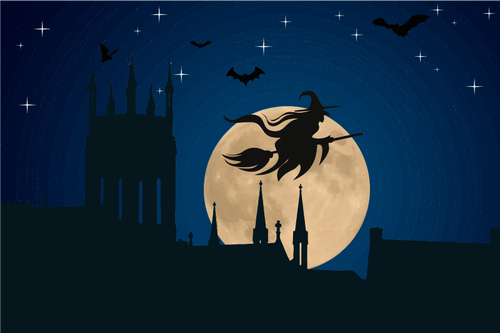 Halloween heks vliegen op maanlicht vector tekening