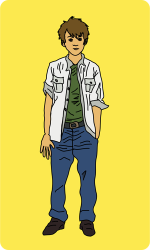 Vektor ilustrasi pemuda berdiri di kemeja putih dan celana biru