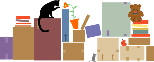 VektorovÃ© ilustrace, koÄka, myÅ¡ a teddy mezi balenÃ© krabice