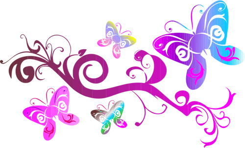 Variopinta fioritura con illustrazione della farfalla rosa
