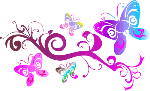 Variopinta fioritura con illustrazione della farfalla rosa