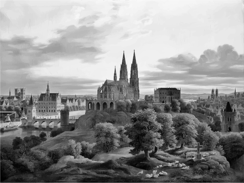 IlustraÃ§Ã£o do panorama da cidade medieval na cor cinza