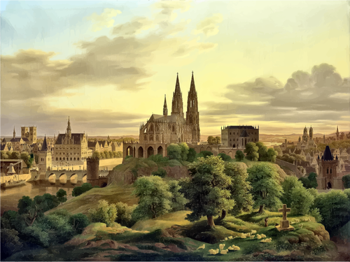 Rysunek panoramy Å›redniowiecznego miasta w kolorze