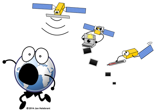 Cartoon over satellieten en de wereld