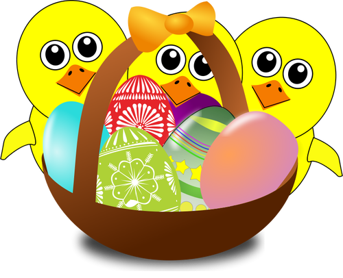 Pulcini cartone animato con le uova di Pasqua in un