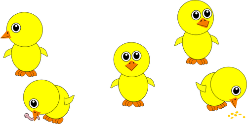 Pollitos amarillos lindos comiendo vector de la imagen