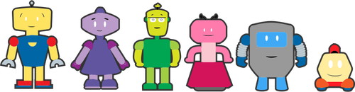 Vector graphics of colorful robot characters with outlines