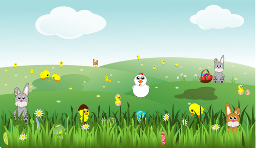 Ostern-Landschaft mit Hasen, KÃ¼ken, Eier, Huhn, Blumen