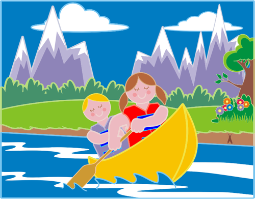 Ragazza e ragazzo canoa nel paesaggio idilliaco