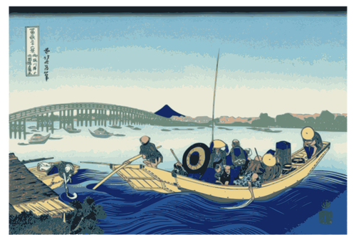 IlustraciÃ³n vectorial de la puesta de sol sobre el puente Ryogoku de la embankmnet Onmaya