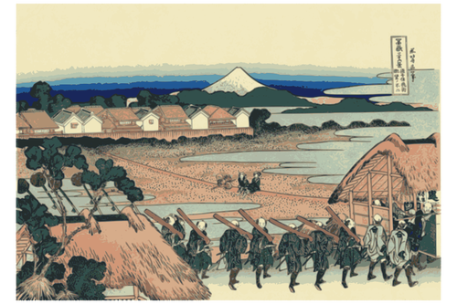 Hora Fuji pohledu z Senju pÅ™es ulici z kvÄ›tÅ¯ JoÅ¡iwara Vektor Klipart