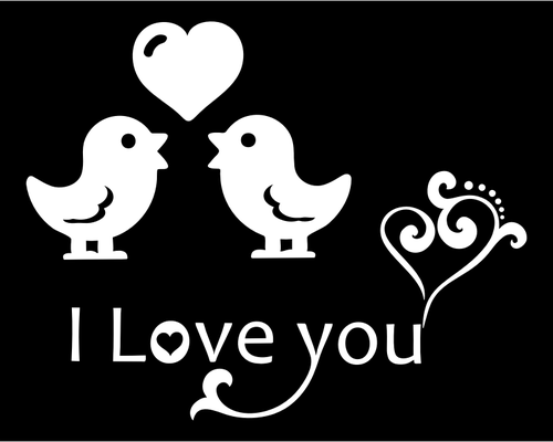 Afbeelding van een "I love you" teken versierd met hart en vogels.