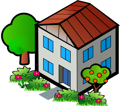 Vector drawing of family home with trees