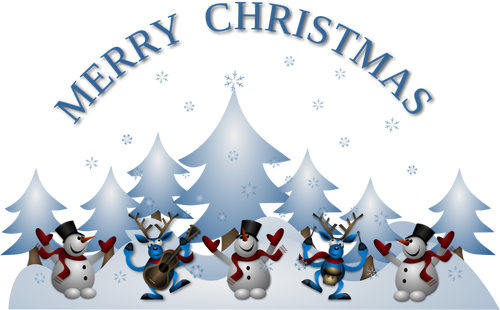 Snowman dan menari raindeer dengan gitar Merry Christmas kartu ucapan vektor ilustrasi
