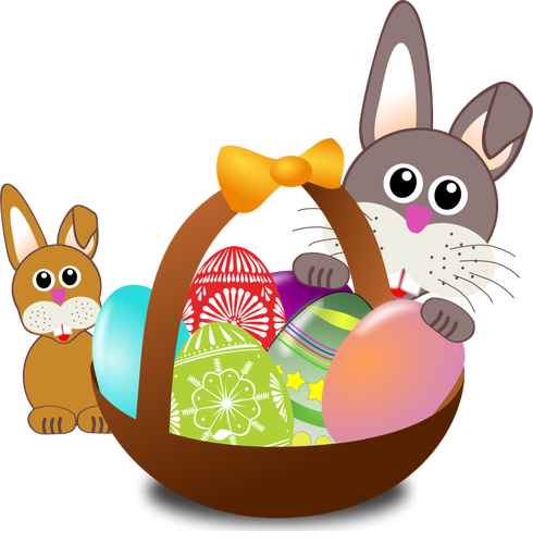 BebÃª coelho e um coelhinho atrÃ¡s de ovo de PÃ¡scoa cesta ilustraÃ§Ã£o do vetor