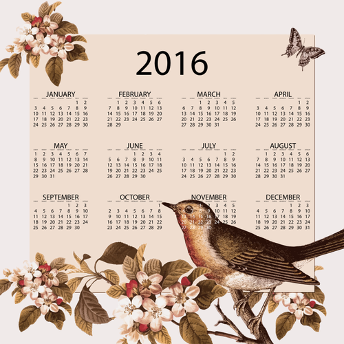 Calendario 2016 con fiori e uccelli dell