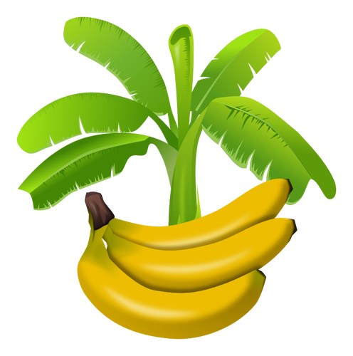 Pohon pisang yang berwarna-warni dengan buah-buahan di bawah grafis