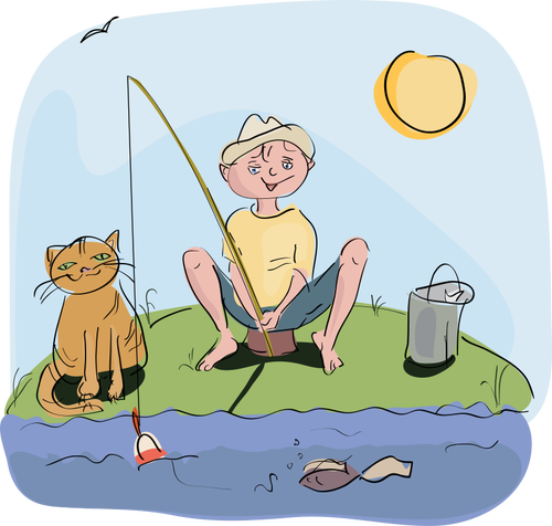 Menino e desenho vetorial de pesca gato