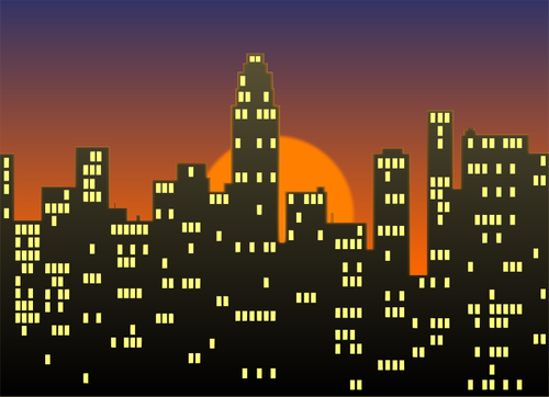 Vektortegning av bybildet under en solnedgang himmel