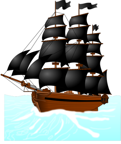 Grafica vettoriale di barca a vela enorme pirata al mare indisciplinato