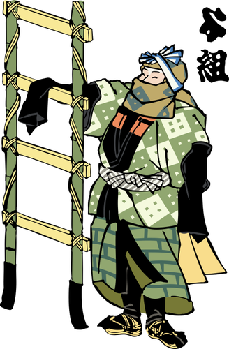 Edo brandweerman met een ladder vectorillustratie