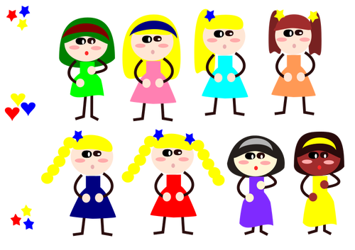 Tegneserie jenter i forskjellige kjoler