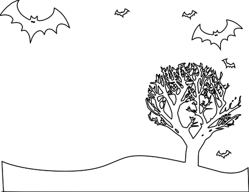 Outline vector illustration of scenery with bats and tree