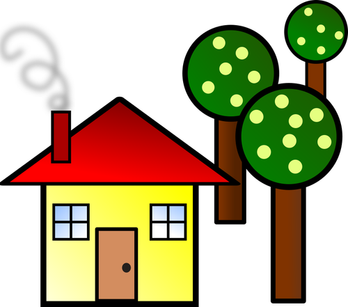 Sederhana gambar rumah dengan kontur putih tebal dan atap merah