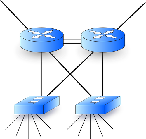 Vectorafbeeldingen van netwerkdiagram met twee routers en twee switches