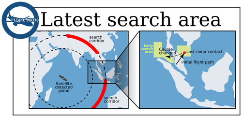 Vector de la imagen del mapa relacional de la bÃºsqueda del aviÃ³n desaparecido de Malasia