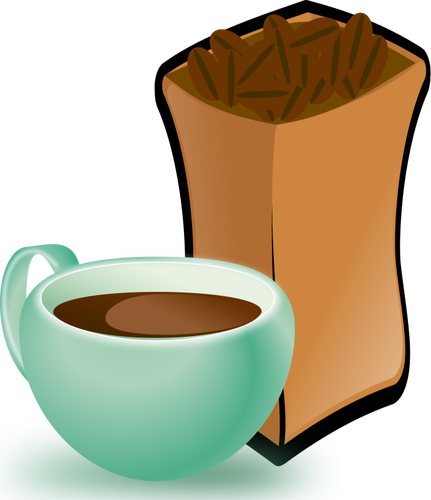 Vector de la imagen de verde taza de cafÃ© con saco de granos de cafÃ©