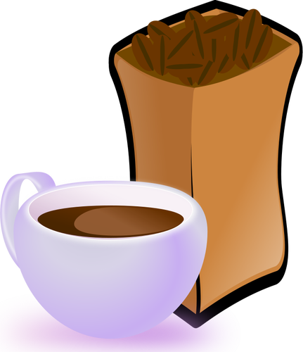 Vektorbild lila kopp kaffe med sÃ¤ck kaffebÃ¶nor