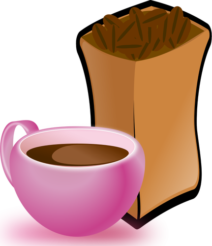Vektorbild av rosa kopp kaffe med sÃ¤ck kaffebÃ¶nor