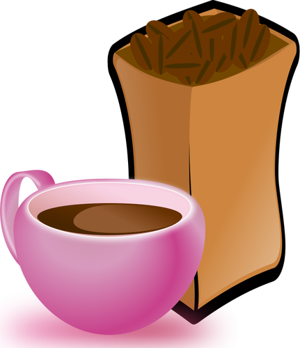 Gambar vektor pink secangkir kopi dengan karung biji kopi