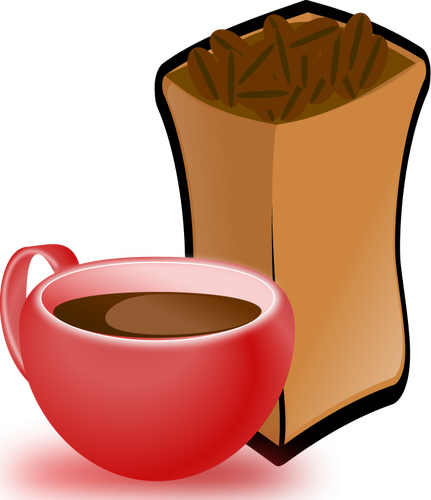 Imagem vetorial de vermelha xÃ­cara de cafÃ© com saco de grÃ£os de cafÃ©