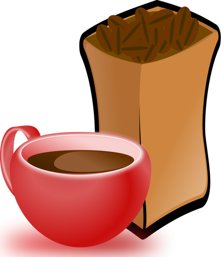Imagem vetorial de vermelha xÃ­cara de cafÃ© com saco de grÃ£os de cafÃ©