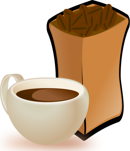 Vector de la imagen de color beige taza de cafÃ© con saco de granos de cafÃ©