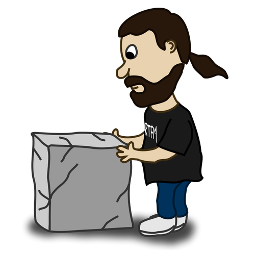 Image vectorielle de personnage de bande dessinÃ©e en poussant un bloc de Pierre