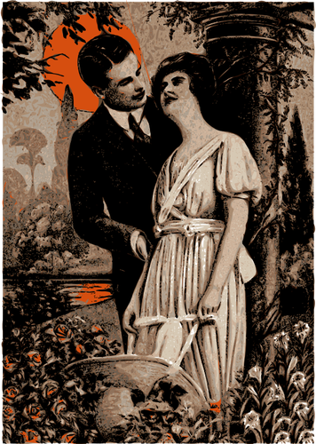 Vector afbeelding van man en vrouw onder oranje zon