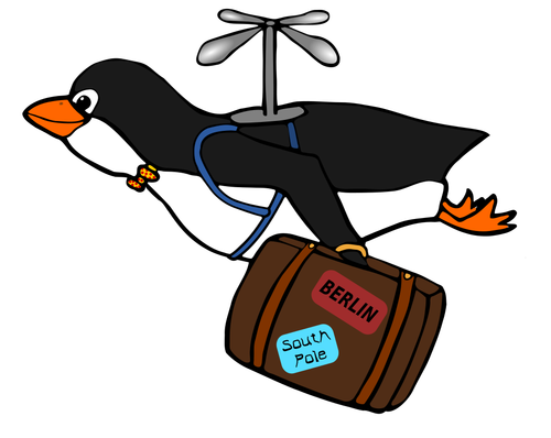 Pinguim voando com uma ilustraÃ§Ã£o de mala