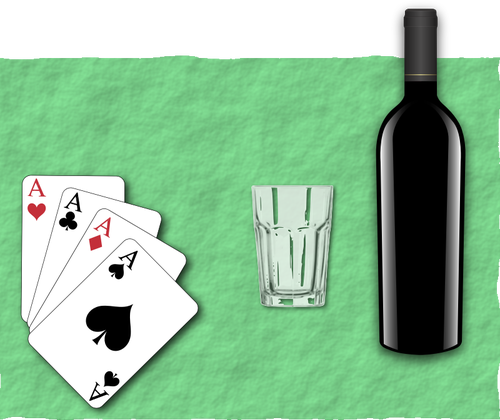 Vector illustration de quatre cartes Ã  jouer, un verre et une bouteille de vin