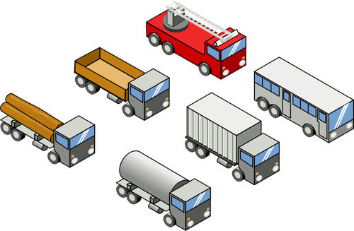 VektÃ¶r resim dÃ¶rt kamyon, otobÃ¼s ve itfaiye kamyonu