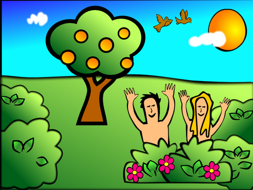 Adam & Eva i trÃ¤dgÃ¥rd landskap vektor illustration