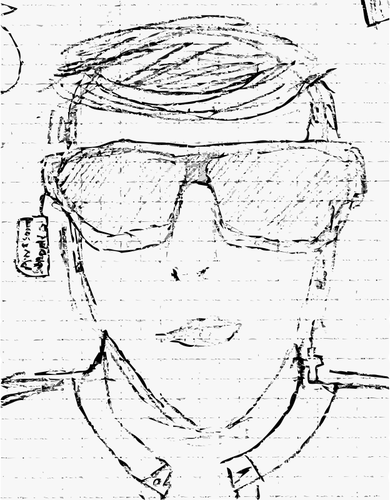 Blyanttegning av en fyr prÃ¸ver pÃ¥ solbriller