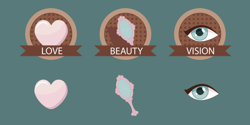 Vector drawing of badges for love, beauty and vision